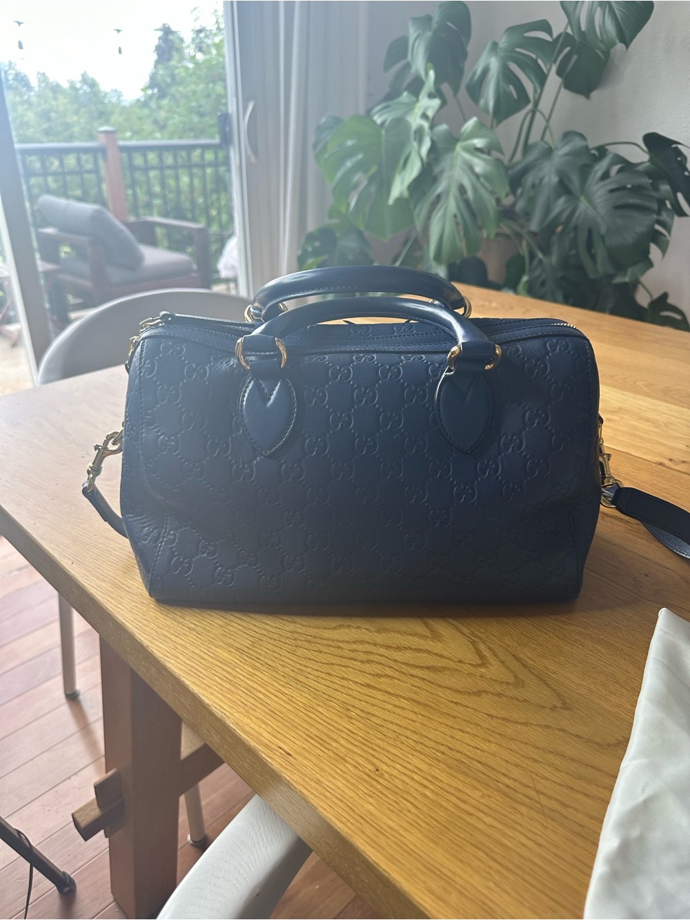 Gucci Navy Embossed Leather Satchel with Gold Hardware